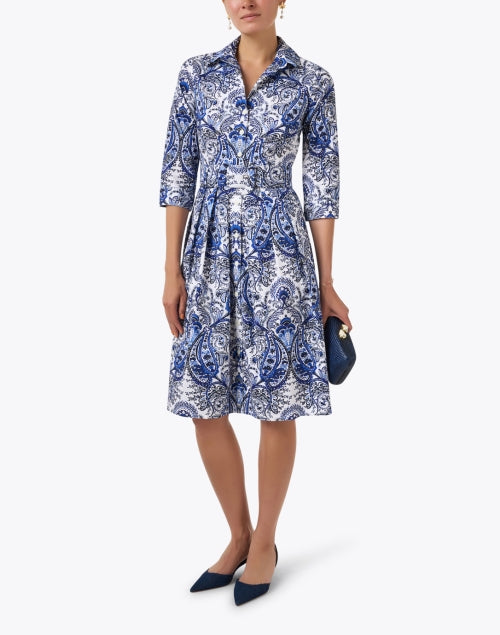 Audrey Stretch Cotton Dress with White and Blue Paisley Print