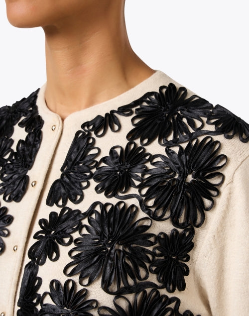 Charming Ivory and Black Floral Cashmere-Cotton Blend Cardigan