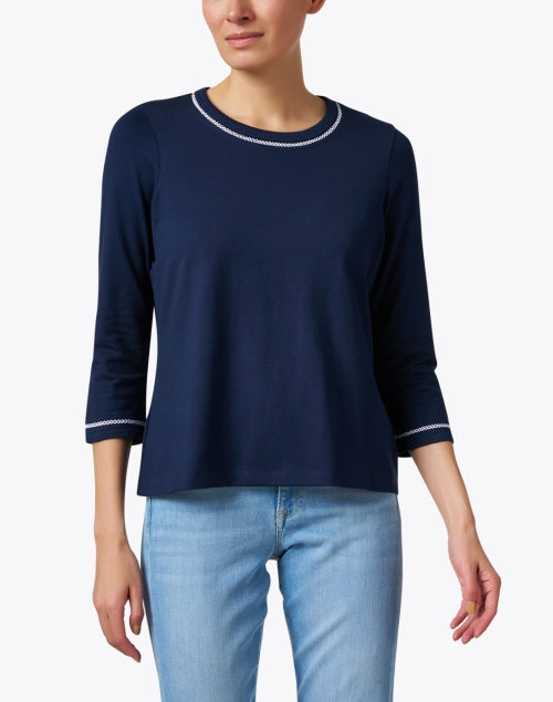 Navy and White Stitched Pima Cotton and Spandex Blend Crew Neck Women's Top
