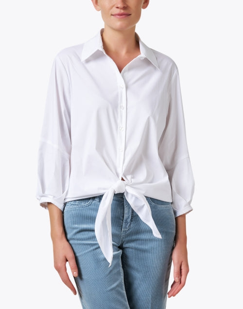 Emmy Women's White Button-Front Shirt with Self-Tie Hem and Balloon Sleeves