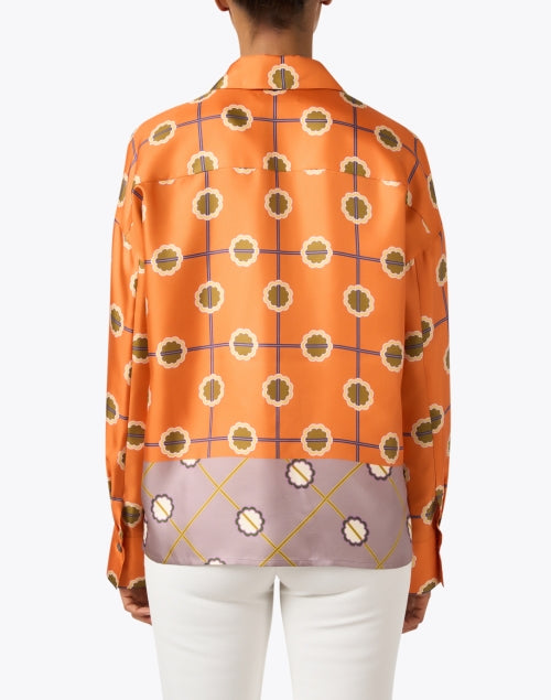 Stylish Orange Geometric Print 100% Silk Button-Down Blouse
