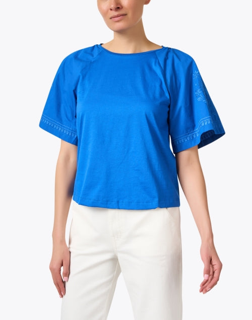 Exquisitely Embroidered Livorno Women's Blue Cotton Top for Everyday Wear