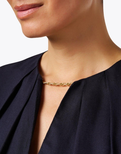 Stylish Navy Gold - Chain Split - Neck Blouse