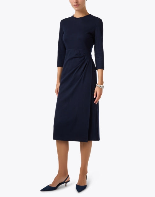Navy Wool Blend Asymmetrical Gathering Midi Inkwell Dress
