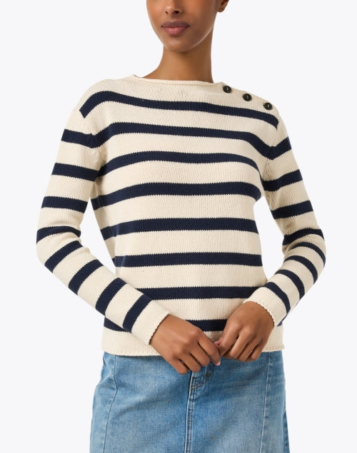 Stylish Vibo Cotton Blend Ivory and Navy Striped Sweater