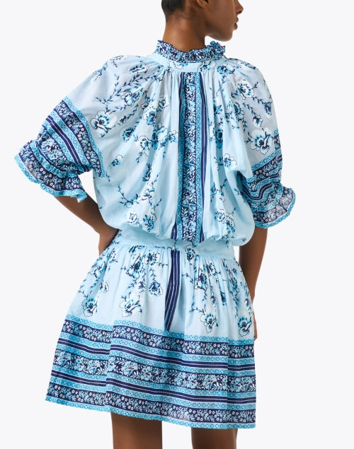 Stylish Blue Print Blouson Mini Dress with Feminine Details
