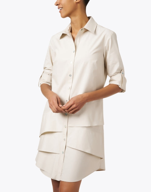 Jenna Tiered Beige Crisp Cotton Shirt Dress for Playful Style