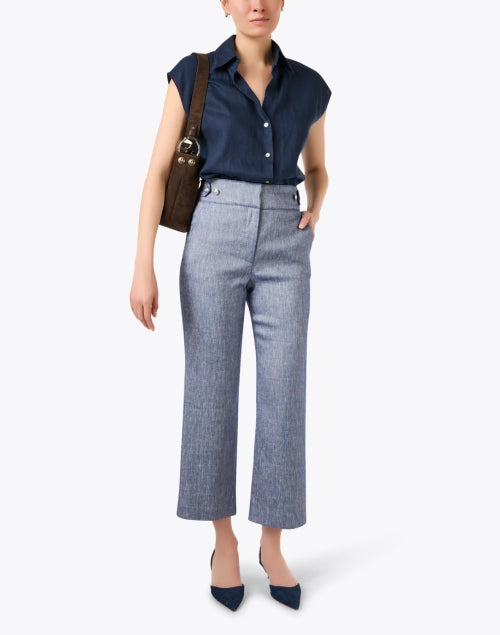 Stylish Navy 100% Linen Blouse with Cap Sleeves