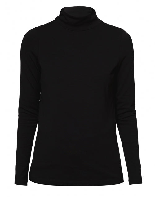 Stretch Pima Cotton Blend Black Ruched Mock Neck Long Sleeve Top