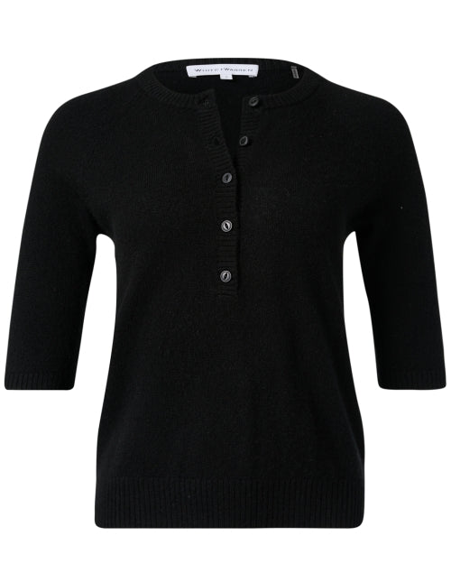 Stylish Black Cashmere Short - Sleeved Henley Top