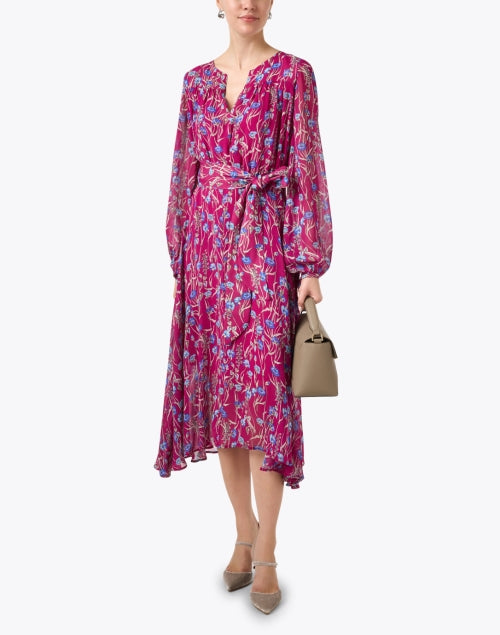 Aubree Magenta Lightweight Floral Print Dress with Tie Belt