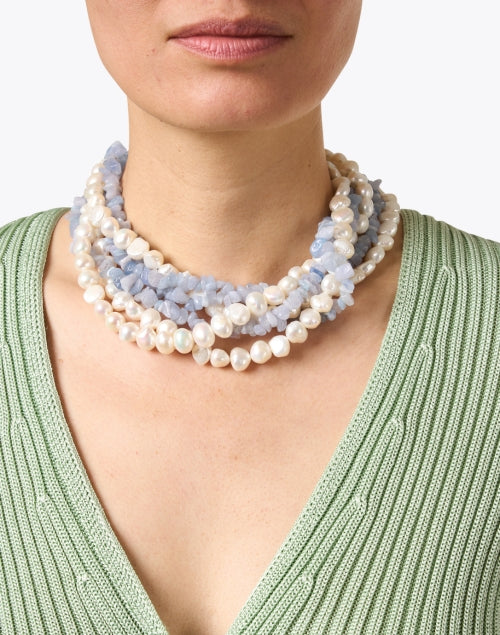 Exquisite Multi - Strand Pearl and Aquamarine Beaded Necklace by Kenneth Jay Lane