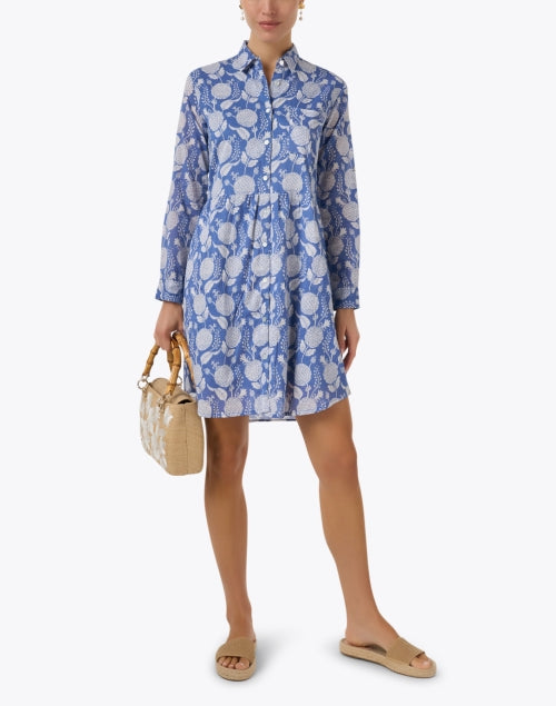 Stylish Blue Multi - Print Cotton Shirt Dress for Effortless Femininity