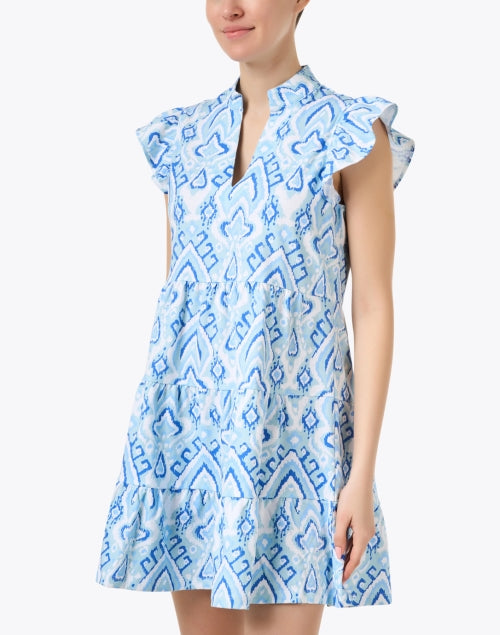 Stylish Blue Ikat Pattern Cotton Mini Tiered Tunic Dress