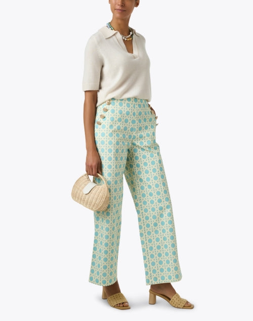 Antonella Women's Wide Leg Cotton Pants with Blue Basketweave Pattern and Gold Button Detailing