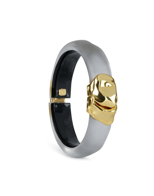 Stylish Grey Handcrafted Lucite Hinge Bracelet with Molten Gold Closure