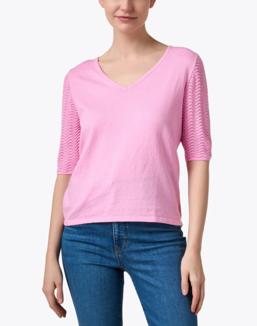 Caroline's Pink Delicate Pointelle Sleeve V-Neck Sweater