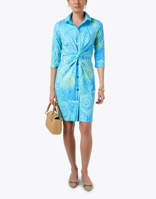 Intricate Turquoise Print Three - Quarter Sleeve Knee - Length Twist Dress