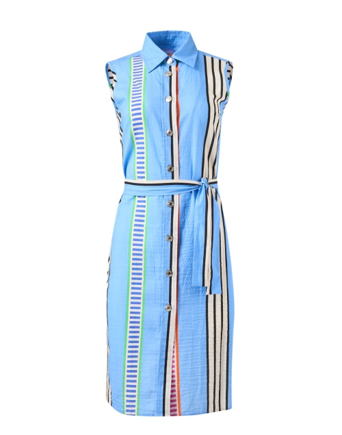 Stylish Mariya Blue Striped Seersucker Sleeveless Dress with Self - Tie Belt