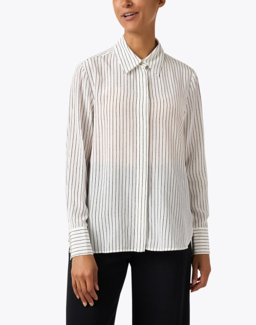 Marc Cain's Elegant White Striped 100% Silk Shirt for All Occasions