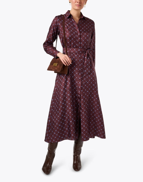 Exquisite Bordeaux Red Printed Silk Women's A-Line Dress