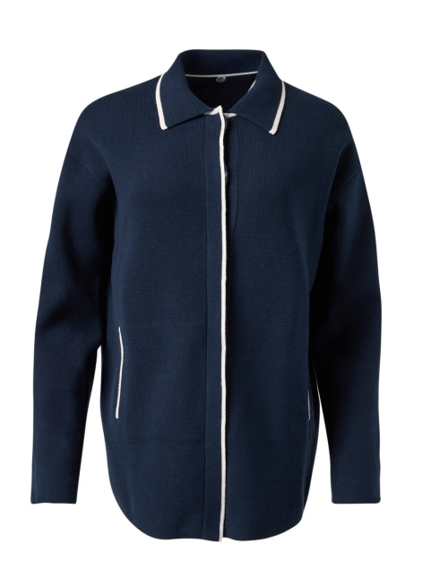 Sophisticated Navy 100% Cotton Knit Jacket with White Stripe Trim