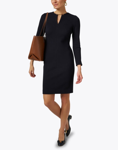 Stylish Navy Blue Cotton Blend Sheath Mini Dress with Gold Chain Neckline
