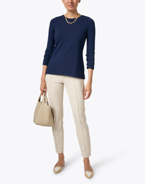 Stylish Navy Peruvian Pima Cotton Tee with Ruched Set - in Sleeves