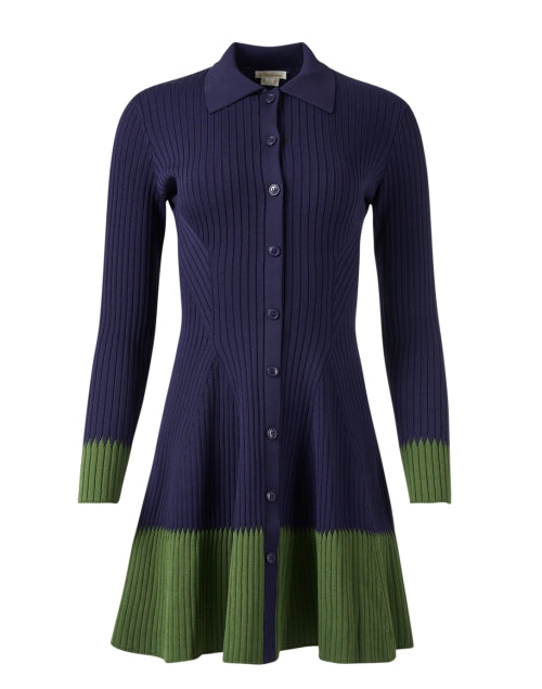 Navy and Green Pine Knit Shirt-Style Flare Dress