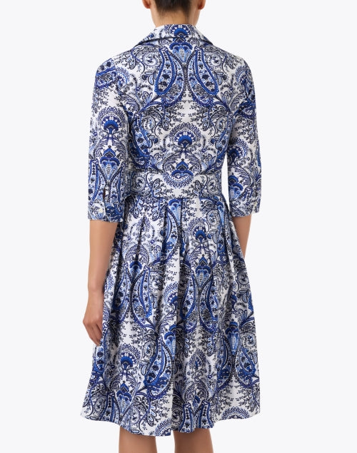 Audrey Stretch Cotton Dress with White and Blue Paisley Print