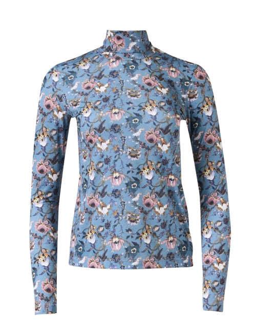 New Season Blue Silk Blend Floral Print Relaxed Turtleneck Top
