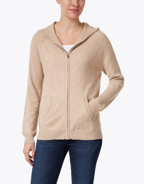 Beige Oatmeal-colored Cashmere Zip-up Hooded Sweatshirt - A Cozy Wardrobe Essential