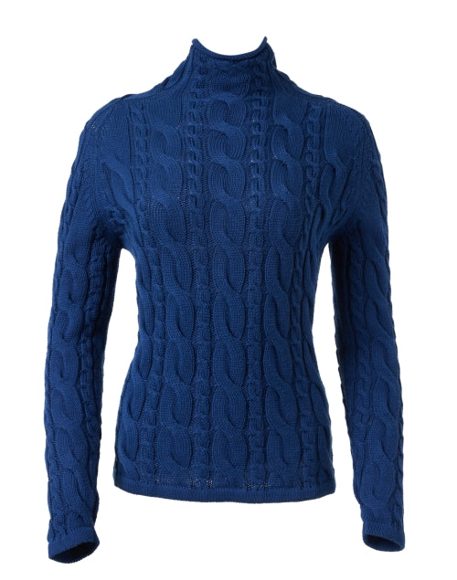 Fall Cobalt Blue Pima Cotton Cable Knit Cozy Mock Neck Sweater