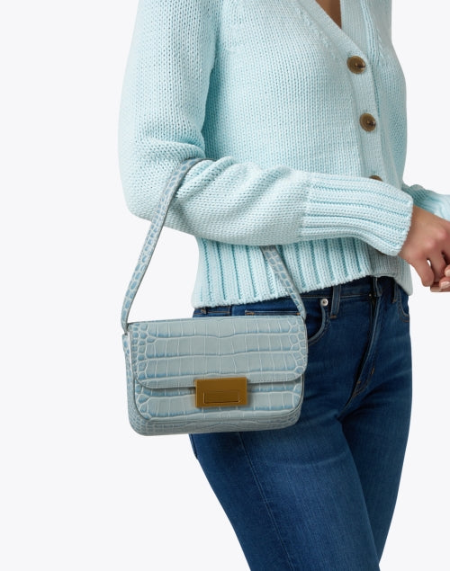 Stylish Stefania Blue Croc-Embossed Leather Baguette Shoulder Bag