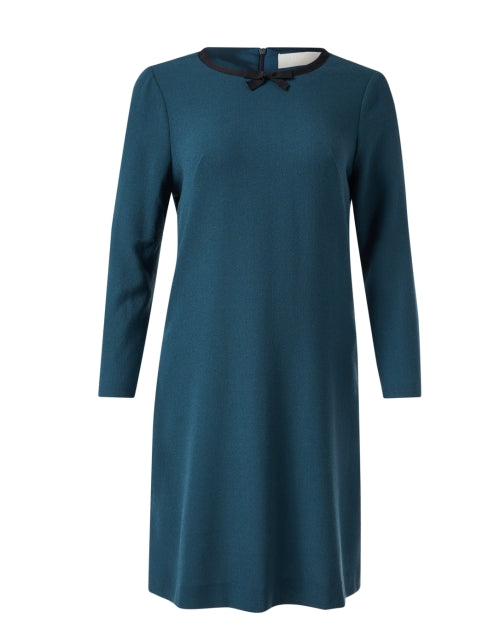 Jane's Lightweight Teal Wool Crepe Mini Shift Dress with Neck Bow