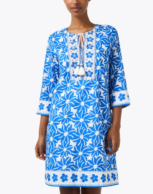 Stylish Blue Floral Patterned Women's Tunic Dress for Warm Weather