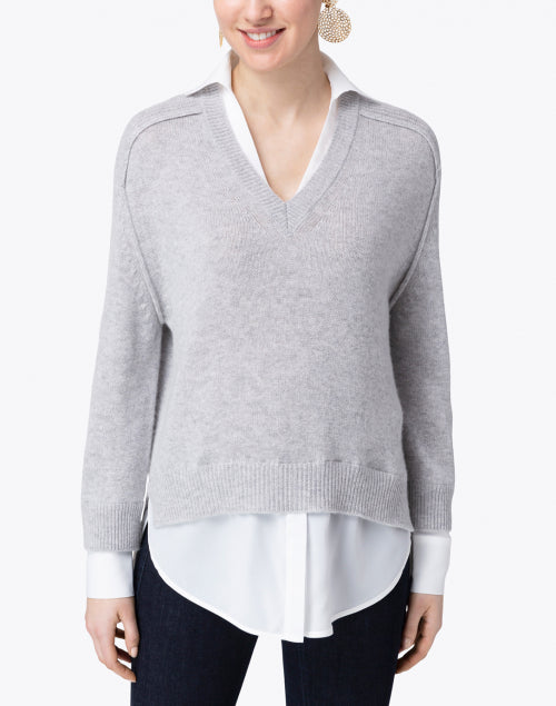 Stylish Vail Grey Cashmere Blend Sweater with White Shirt Detailing