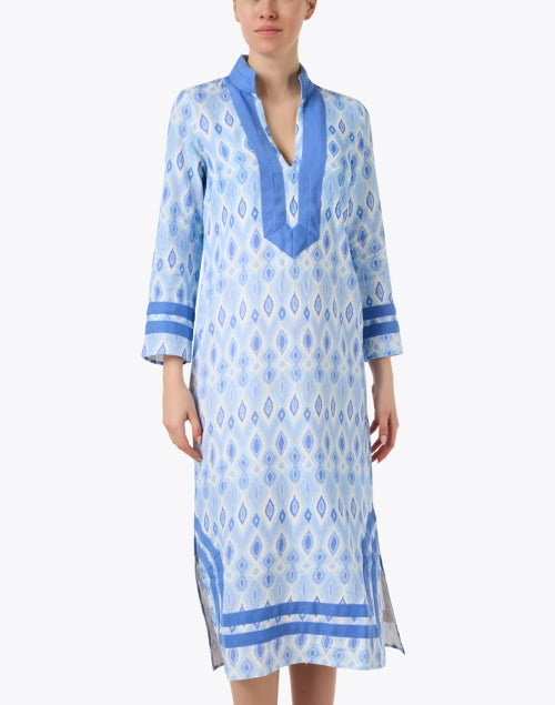 New Season Blue Ikat Stretch Cotton Tunics with Bold Trim
