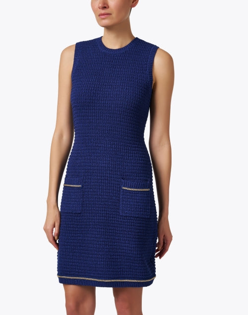 Stylish Saige Blue Lightweight Knit Sheath Dress with Chain Details