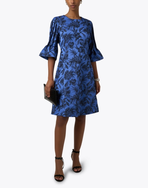 Stylish Blue and Black Floral Printed Dress with Pleated Sleeves