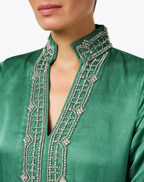 Elegant Marilyn Green Crystal-Embroidered Linen-Viscose Tunic Top