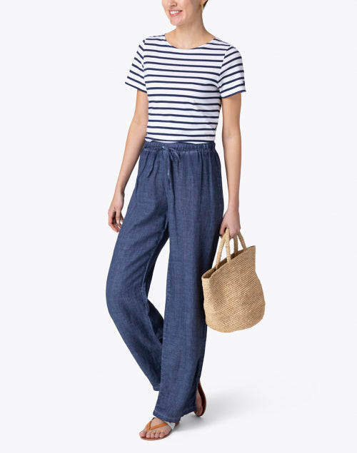 Etrille Classic White and Navy Striped Cotton Casual Women's Top
