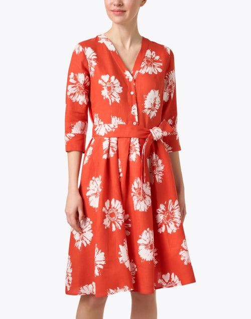 Stylish 100% Linen Orange Floral Dress with Self - Tie Belt