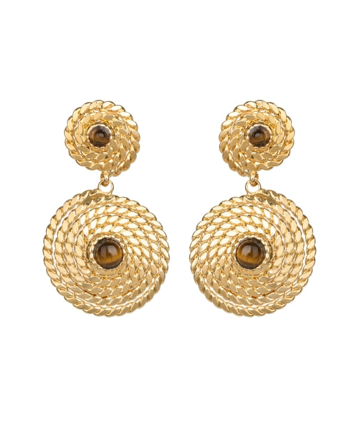 Artistic Handmade French Brown Stone Gold Drop Spiral Disc Earrings