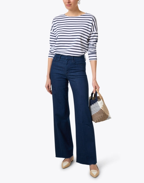 Minq Relaxed-Fit Long Sleeve White and Navy Striped Top