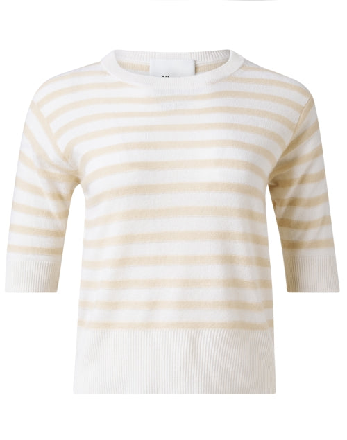 Stylish Beige and Ivory Striped Short - Sleeve Wool Cashmere Blend Crew Neck Sweater