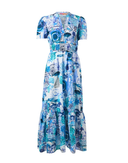 Vilagallo Leila Blue Multicolored Print Cotton Midi Dress