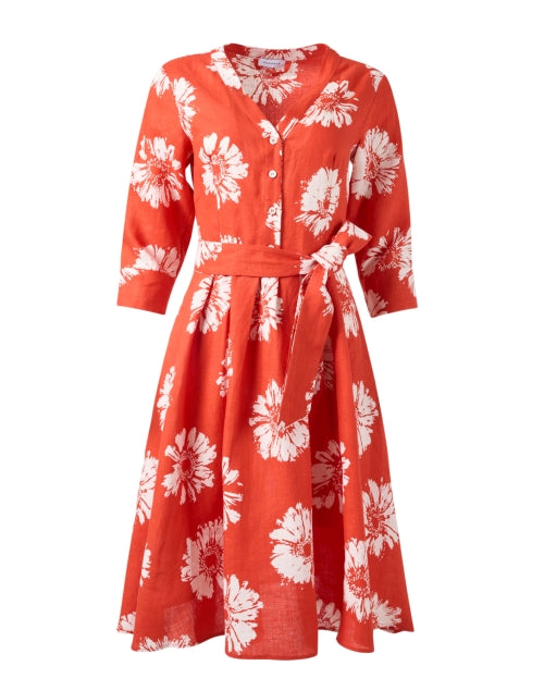 Stylish 100% Linen Orange Floral Dress with Self - Tie Belt