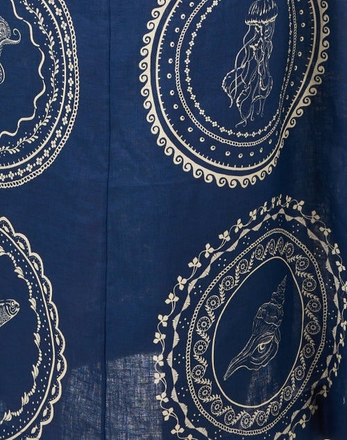 Navy Colored Printed Linen Women's Shirt Style Dress