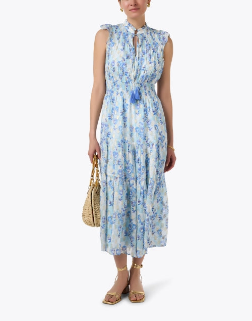 Stunning Blue Floral Lurex-Print Women's Summer Dress